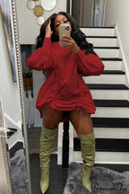 Shirring Shirt Dress with High Collar