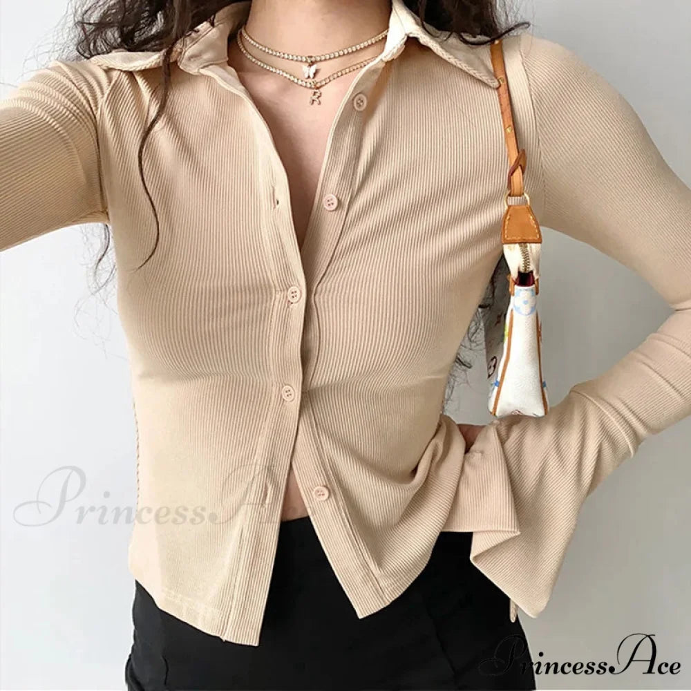 Shirt Collar Flared Sleeve Top