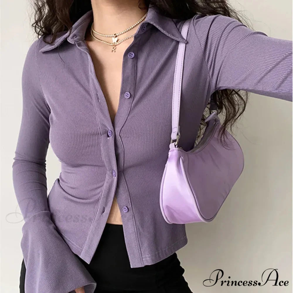 Shirt Collar Flared Sleeve Top