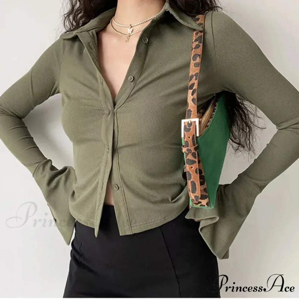 Shirt Collar Flared Sleeve Top