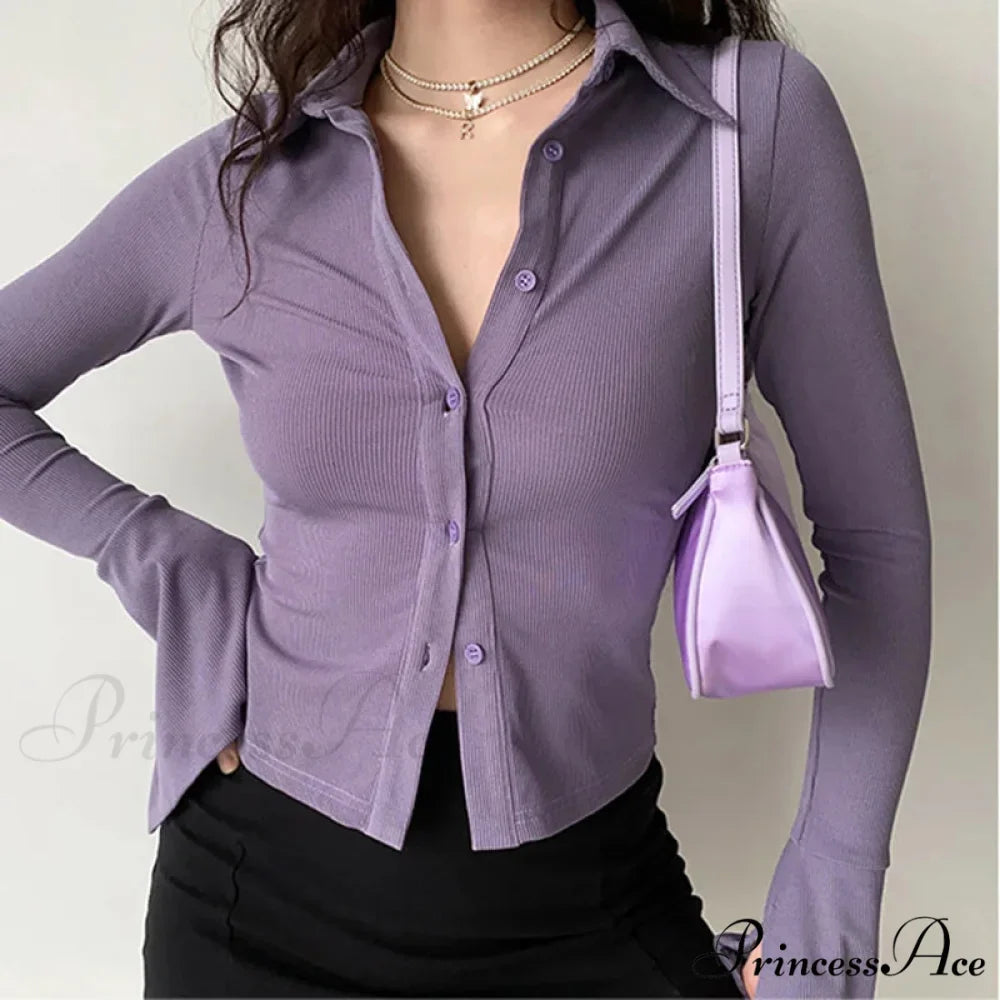 Shirt Collar Flared Sleeve Top