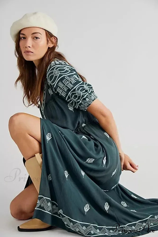 Shirt Down Stitched Short Sleeve Stylish Boho Dress