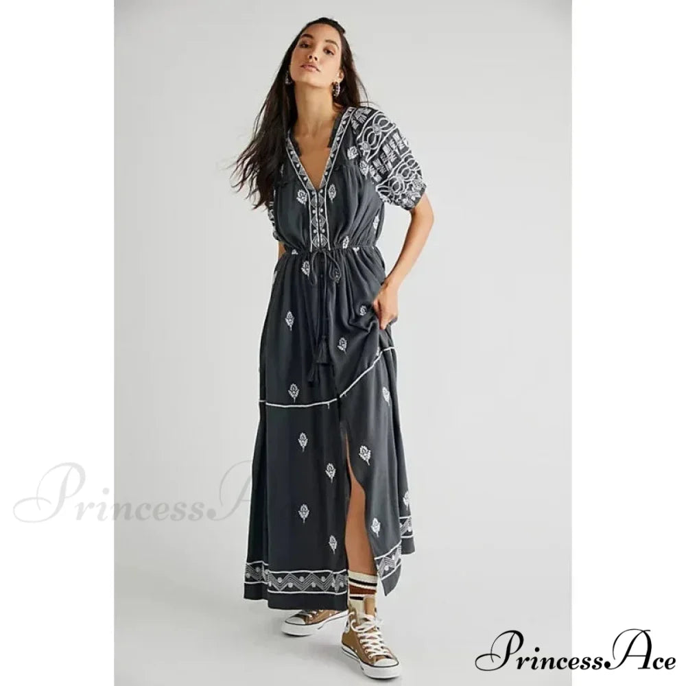 Shirt Down Stitched Short Sleeve Stylish Boho Dress