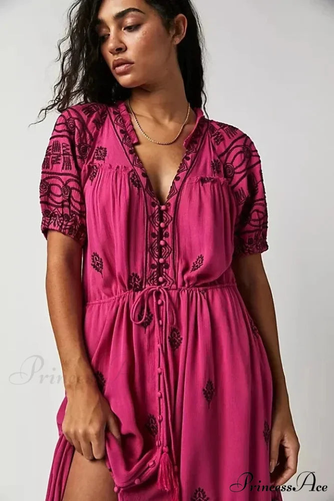 Shirt Down Stitched Short Sleeve Stylish Boho Dress