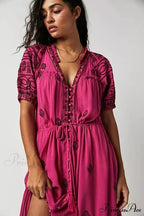 Shirt Down Stitched Short Sleeve Stylish Boho Dress