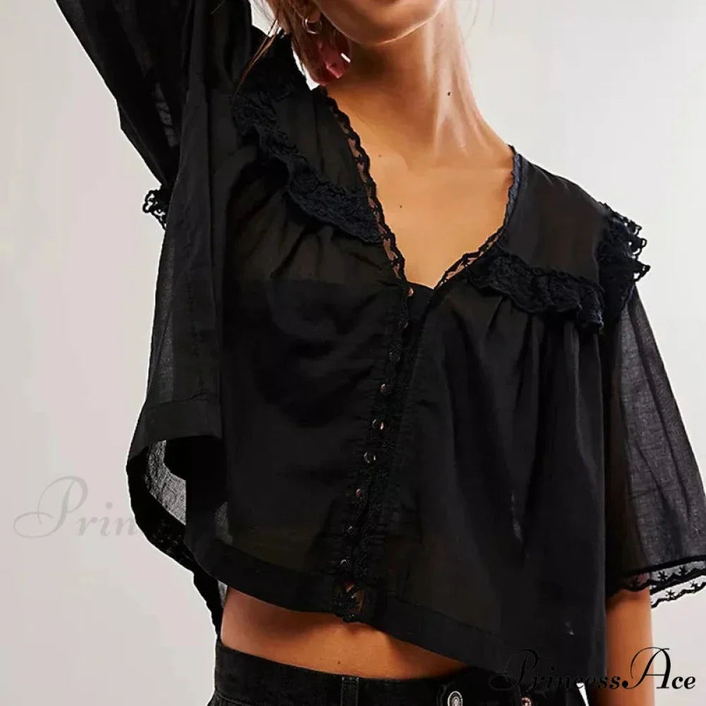Short Cut Chiffon Frill Lace Trim Top