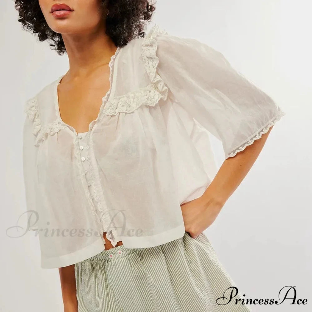 Short Cut Chiffon Frill Lace Trim Top