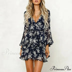 Short Cut Deep V-Neck Bohemian Lace-Up Floral Dress