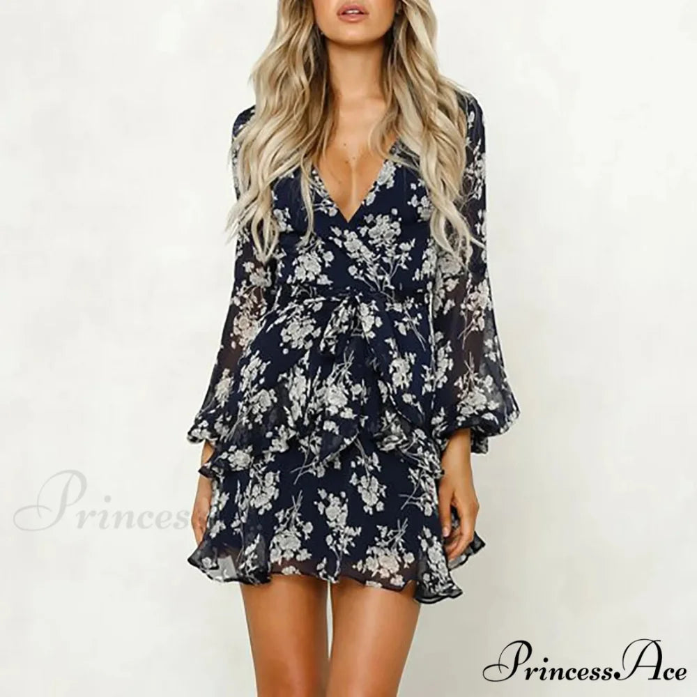 Short Cut Deep V-Neck Bohemian Lace-Up Floral Dress