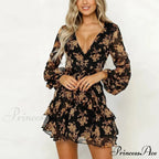 Short Cut Deep V-Neck Bohemian Lace-Up Floral Dress