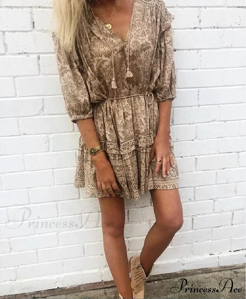 Short Dress Bohemian Retro Sleeveless Flower Pattern Fall Seaside Dress