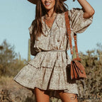 Short Dress Bohemian Retro Sleeveless Flower Pattern Fall Seaside Dress