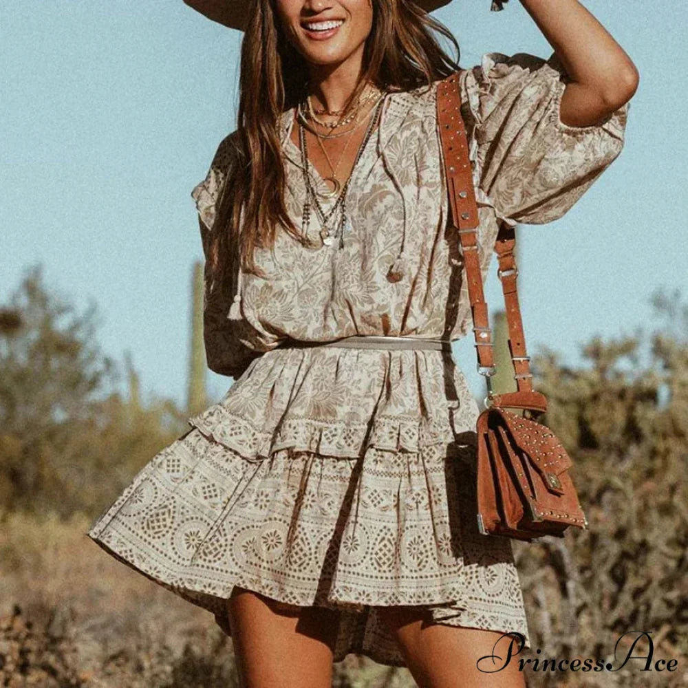 Short Dress Bohemian Retro Sleeveless Flower Pattern Fall Seaside Dress