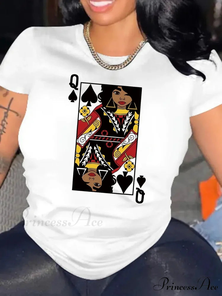 Short Sleeve Cartoon Card Q Print Spring & Summer Women's Clothing Crew Neck T-shirt