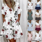 Short Sleeve Floral Print Ruffled Pocket Dresses