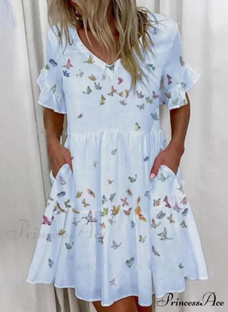 Short Sleeve Floral Print Ruffled Pocket Dresses