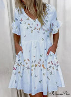 Short Sleeve Floral Print Ruffled Pocket Dresses