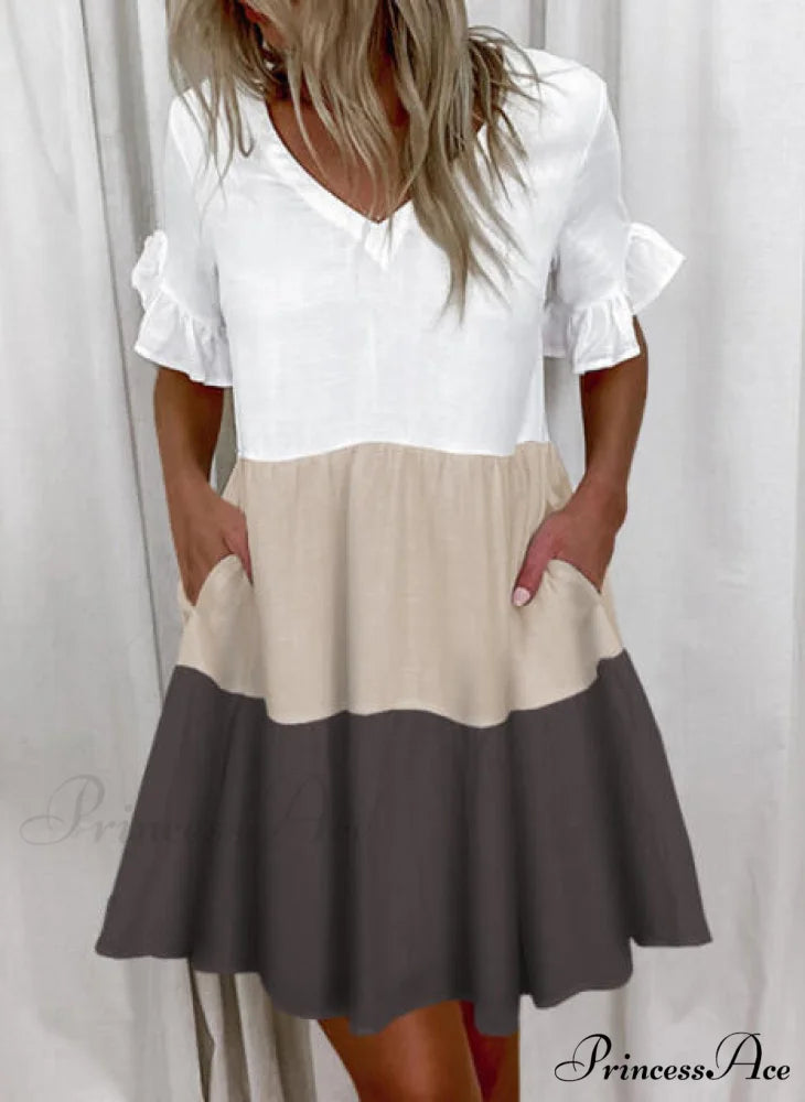 Short Sleeve Floral Print Ruffled Pocket Dresses