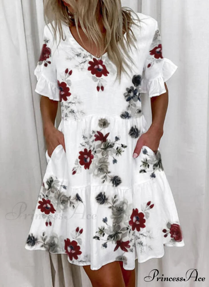 Short Sleeve Floral Print Ruffled Pocket Dresses
