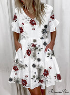 Short Sleeve Floral Print Ruffled Pocket Dresses