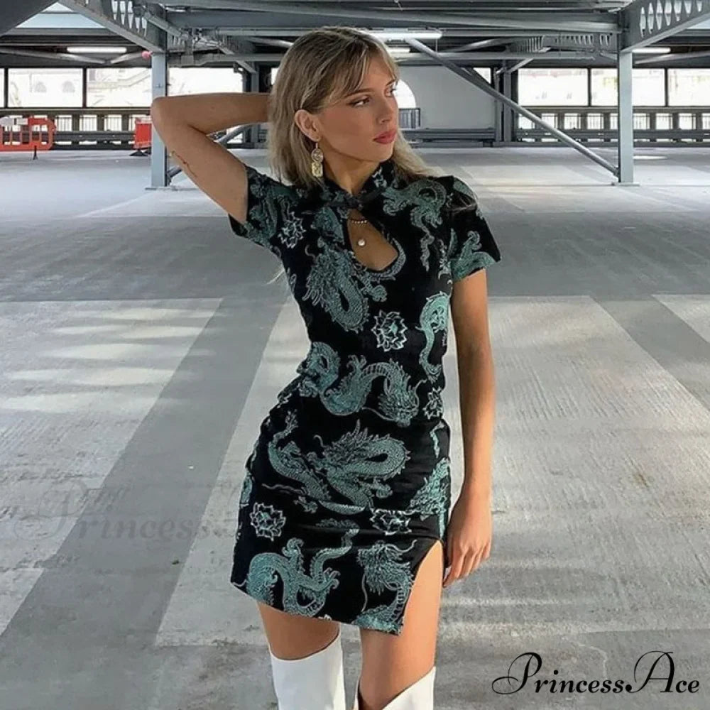 Short Sleeve Front Hole High Split Bodycon Dress