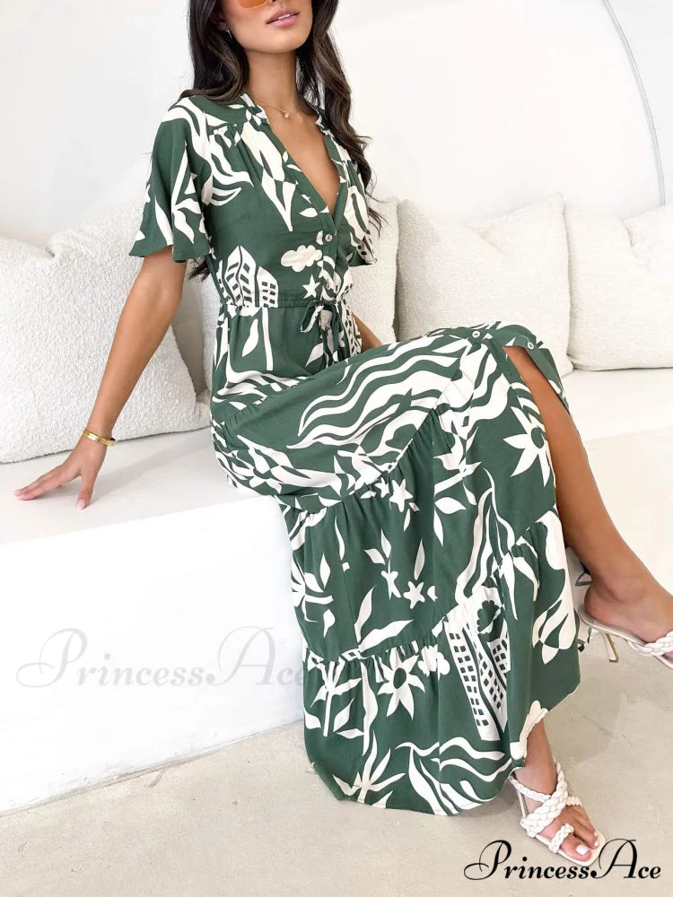 Short Sleeve Resort Charming Print Midi Dress