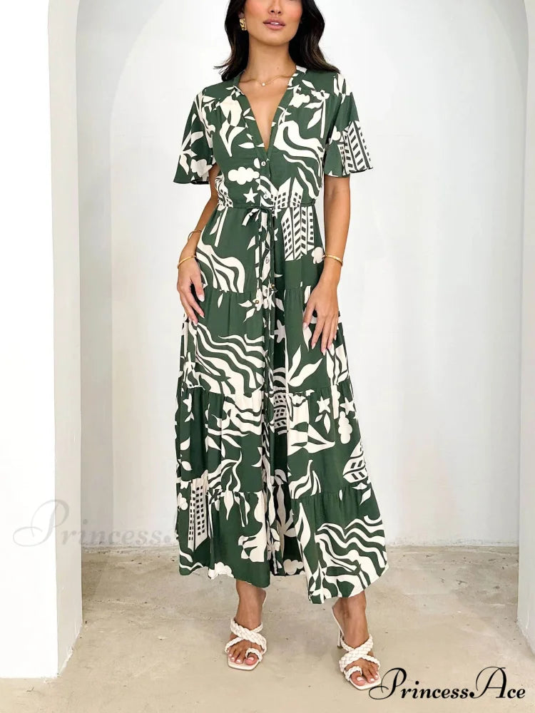 Short Sleeve Resort Charming Print Midi Dress