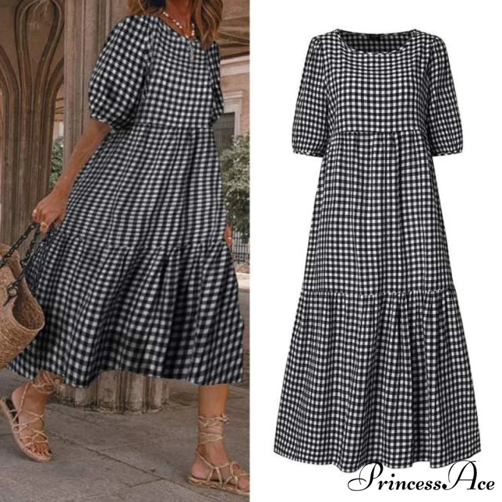 Short Sleeve Vintage Plaid Printed Sundress