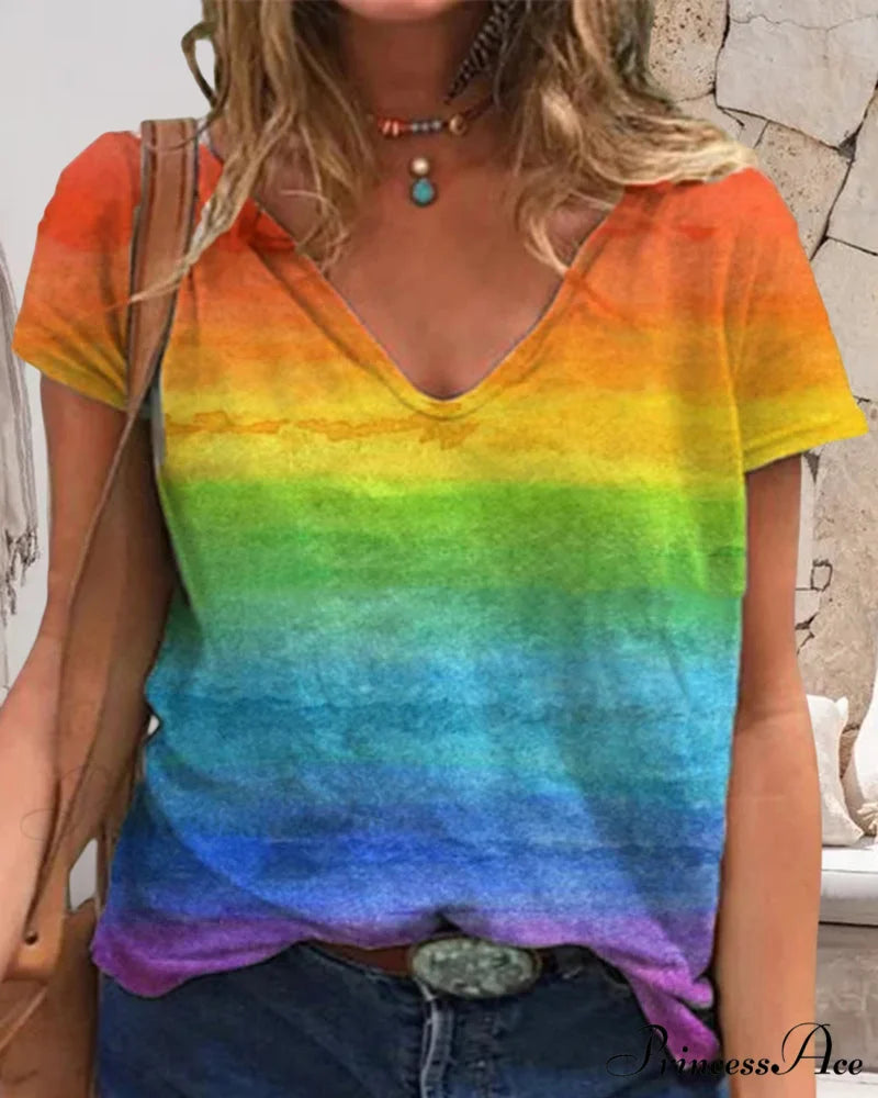 short-sleeved print rainbow V-neck t-shirt