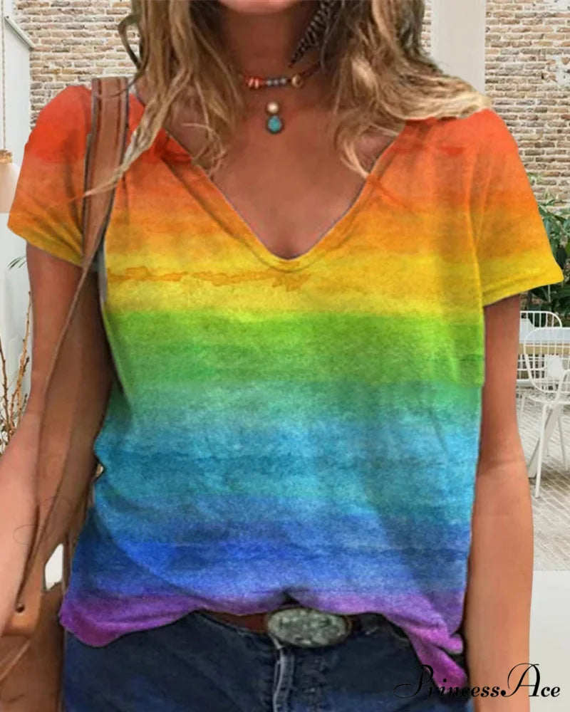 short-sleeved print rainbow V-neck t-shirt