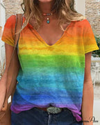 short-sleeved print rainbow V-neck t-shirt