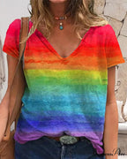 short-sleeved print rainbow V-neck t-shirt