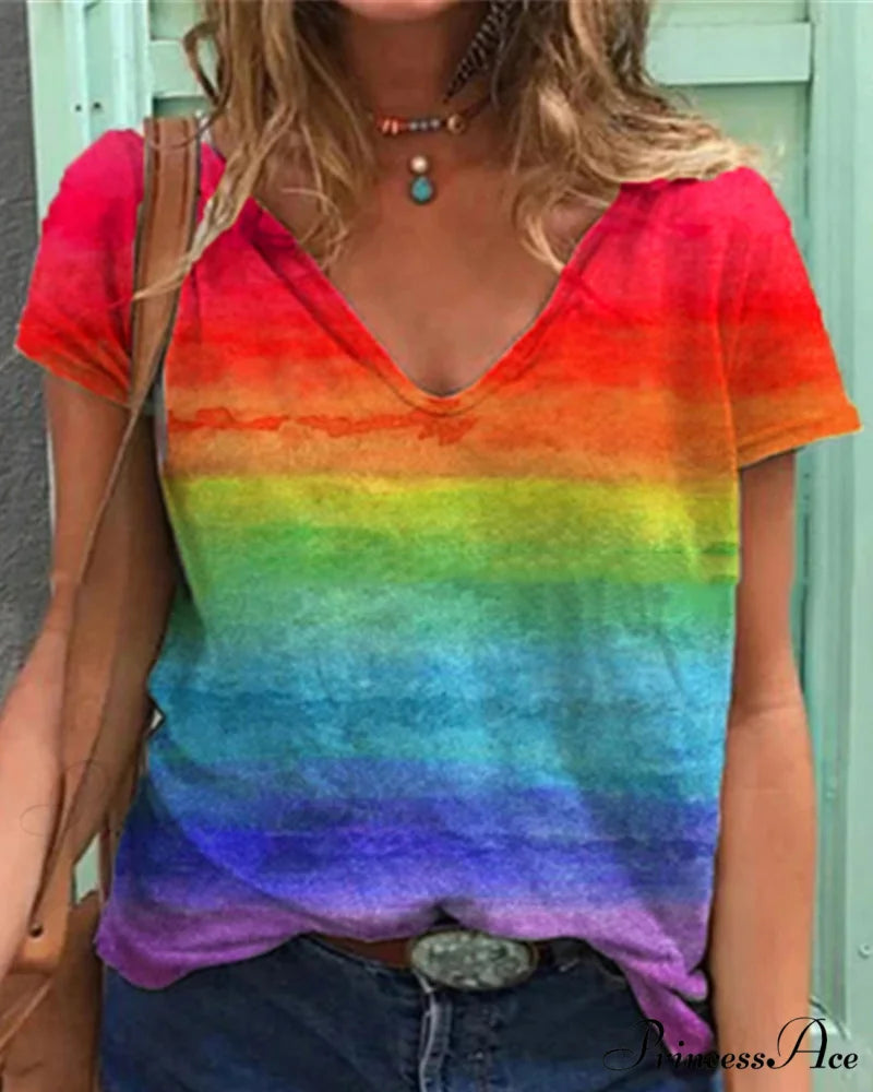 short-sleeved print rainbow V-neck t-shirt