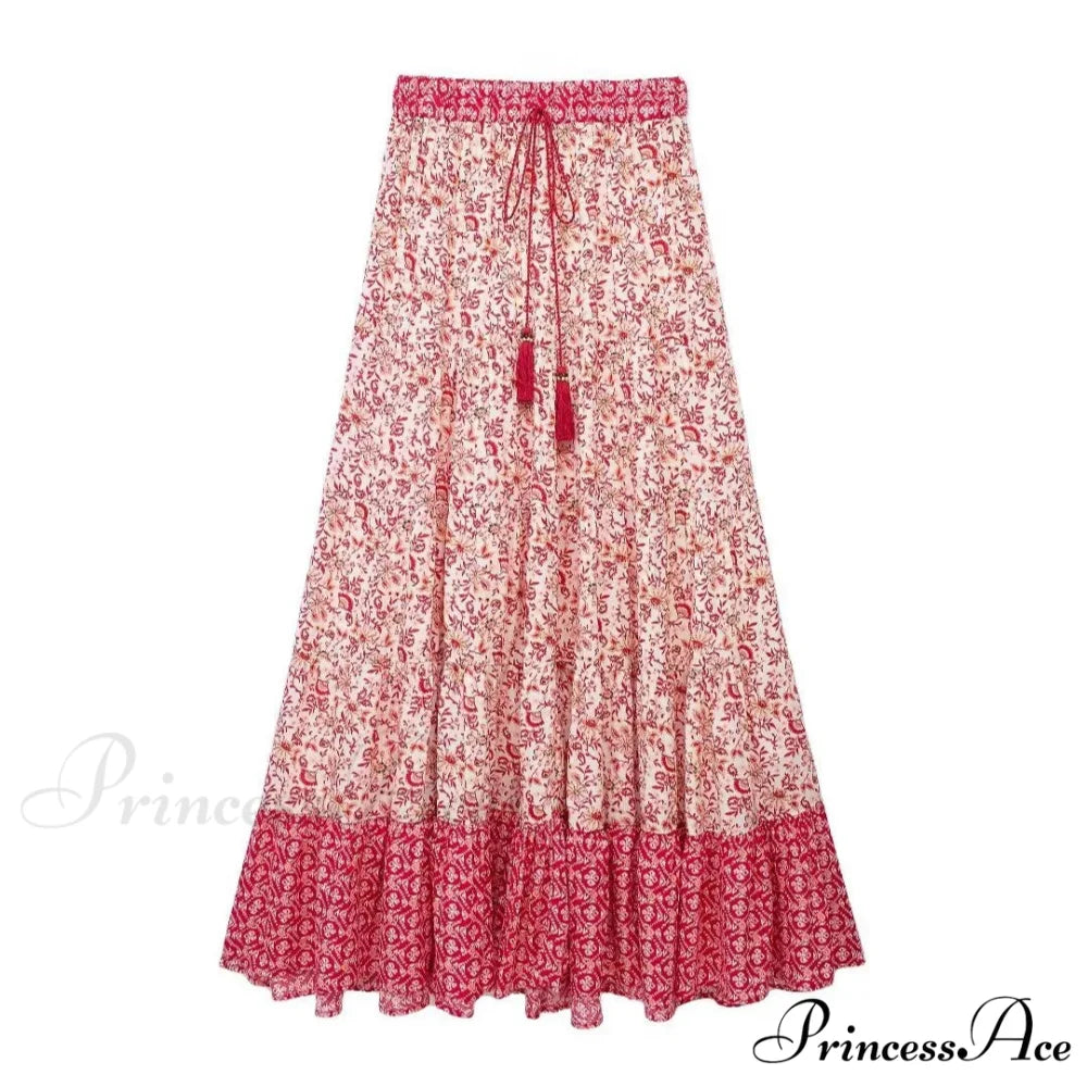 Short Waist A-line Seaside Skirt Floral Crimson Maxi Frilled Vacation