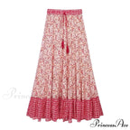 Short Waist A-line Seaside Skirt Floral Crimson Maxi Frilled Vacation