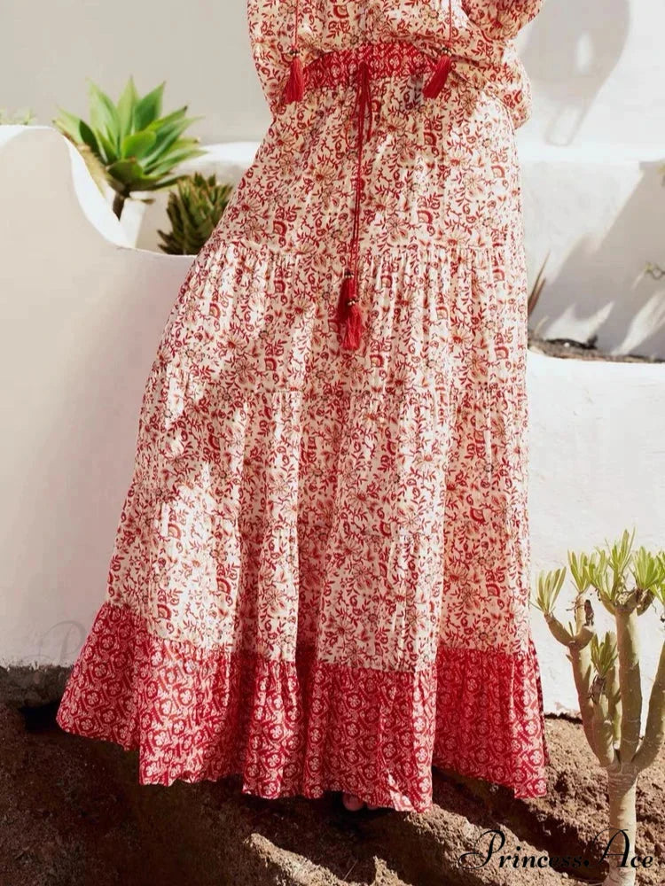 Short Waist A-line Seaside Skirt Floral Crimson Maxi Frilled Vacation