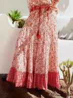 Short Waist A-line Seaside Skirt Floral Crimson Maxi Frilled Vacation