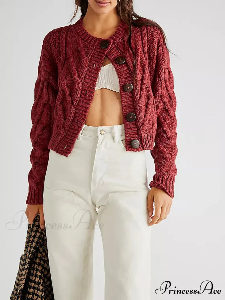 Shortened Cable Knit Button-Up Sweater