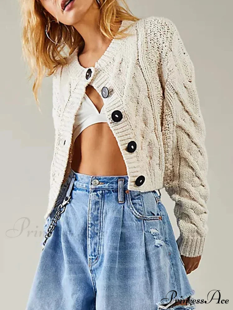 Shortened Cable Knit Button-Up Sweater