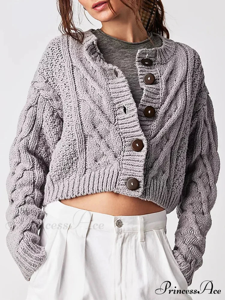 Shortened Cable Knit Button-Up Sweater