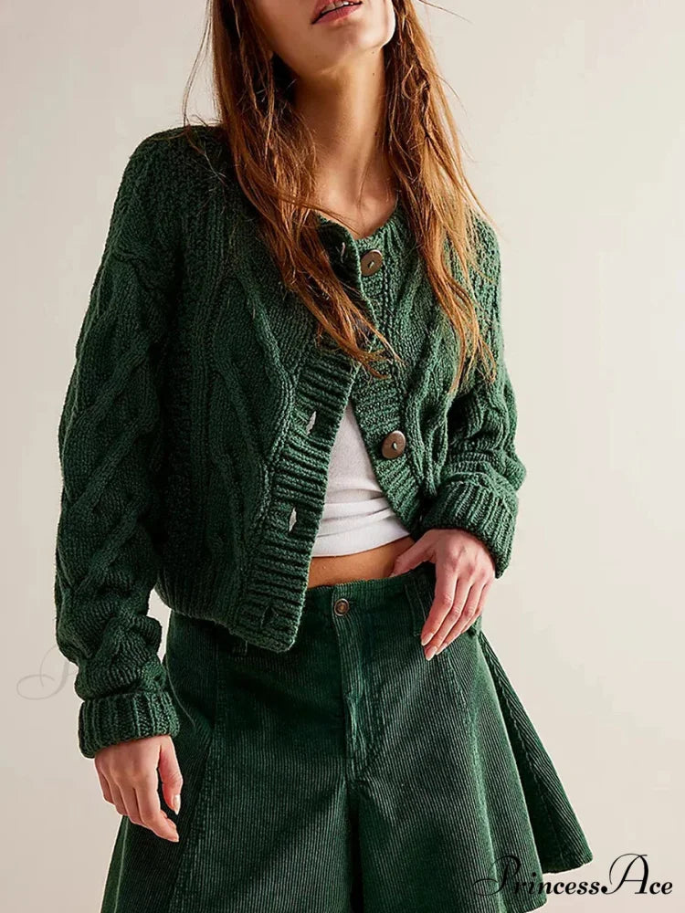 Shortened Cable Knit Button-Up Sweater