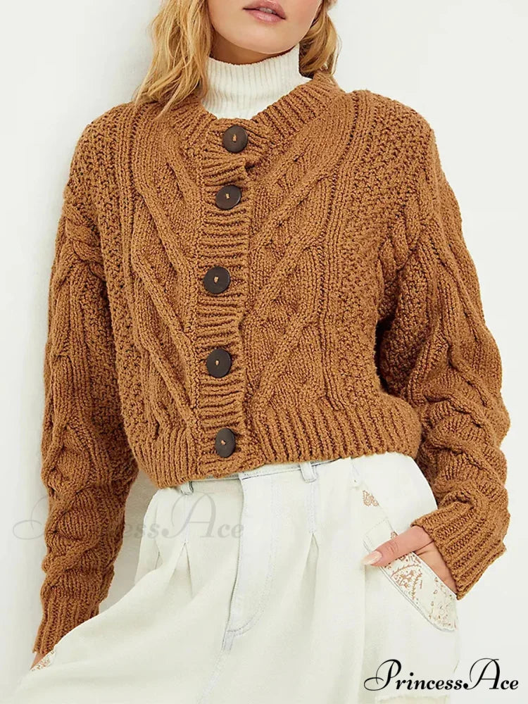 Shortened Cable Knit Button-Up Sweater
