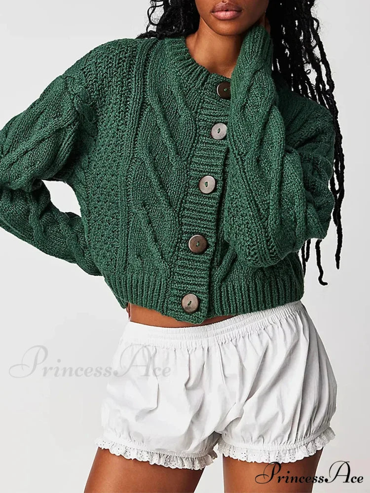 Shortened Cable Knit Button-Up Sweater