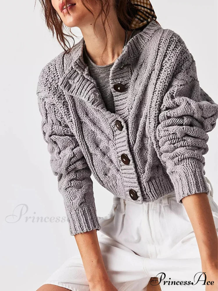 Shortened Cable Knit Button-Up Sweater