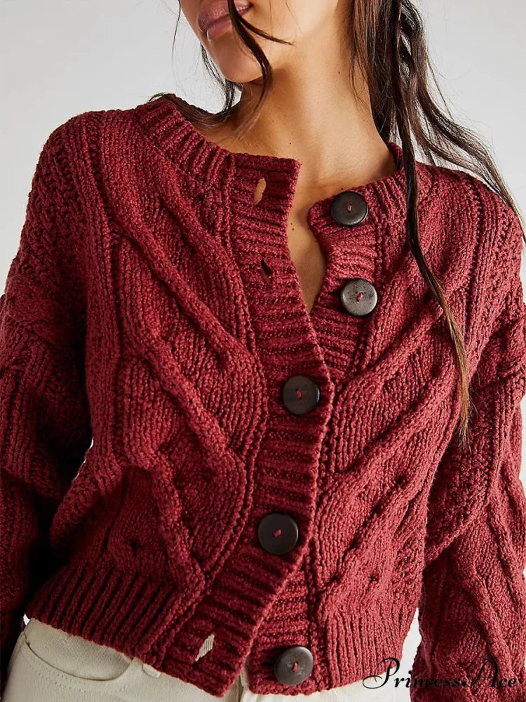 Shortened Cable Knit Button-Up Sweater