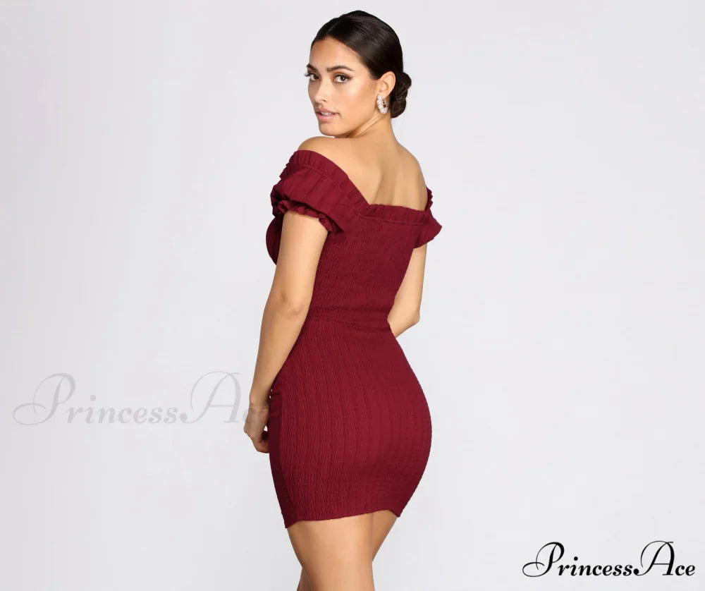 Show 'Em Off Charming Shoulder Smocked Mini Dress