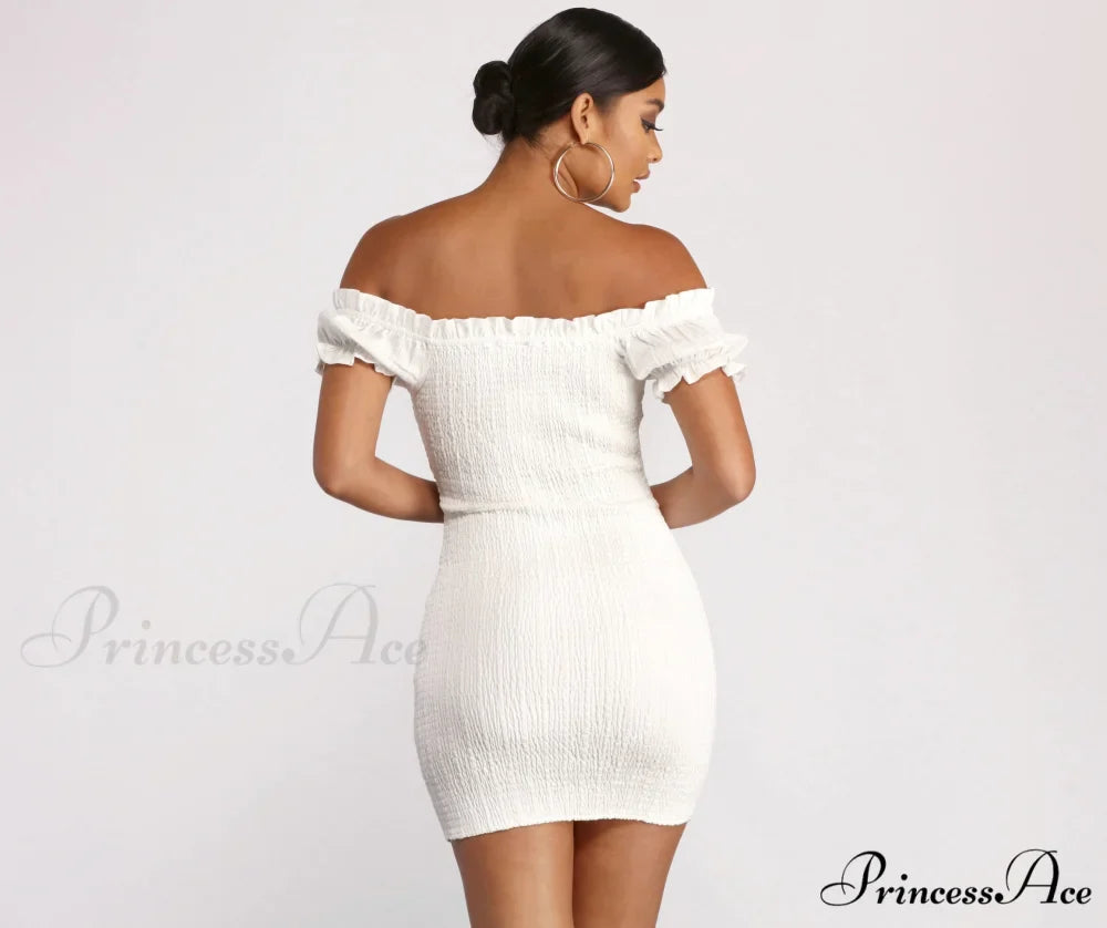 Show 'Em Off Charming Shoulder Smocked Mini Dress