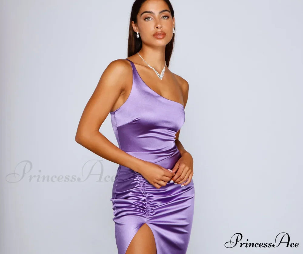Show Up Satin Charming One Shoulder Midi Dress