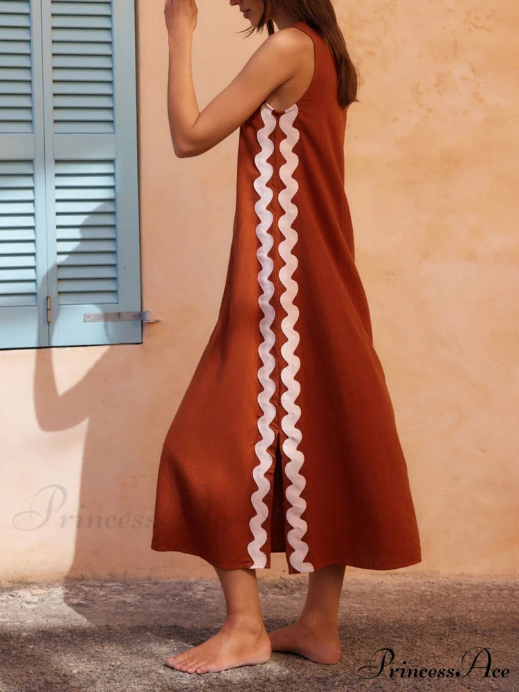 Side Wave Stripes Embellished Graceful Side Slit Loose Dress
