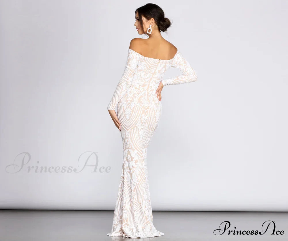 Sierra Sequin Off Charming The Shoulder Formal Dress